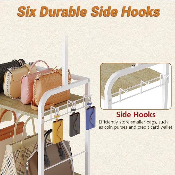 Tall Purse Organizer Stand with 3-Tier Thick Wood + 1-Tier High-Density Mesh, Adjustable Interchangeable, Slim Narrow Freestanding Handbag Rack with 5 Large & 6 Side Hooks, Closet Bag Storage White
