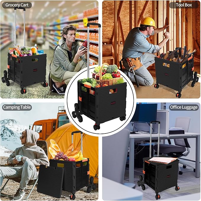 SELORSS Foldable Utility Cart Collapsible Crate Rolling Carts with Stair Climbing Wheels Rolling Tote Basket Teacher Cart with Lid Wear-Resistant 360°Rotate Wheel Noiseless for Moving Office-Black