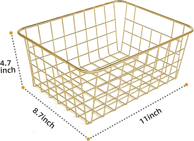 Wire Baskets for Storage Pantry, 4 Pack, 11 x 8.7 x 4.7 in, Golden Metal | Wire Baskets for Kitchen Refrigerator Freezer Cabinet Shelf Garage, Metal Bin with Side Handles for Easy Pull (Golden)