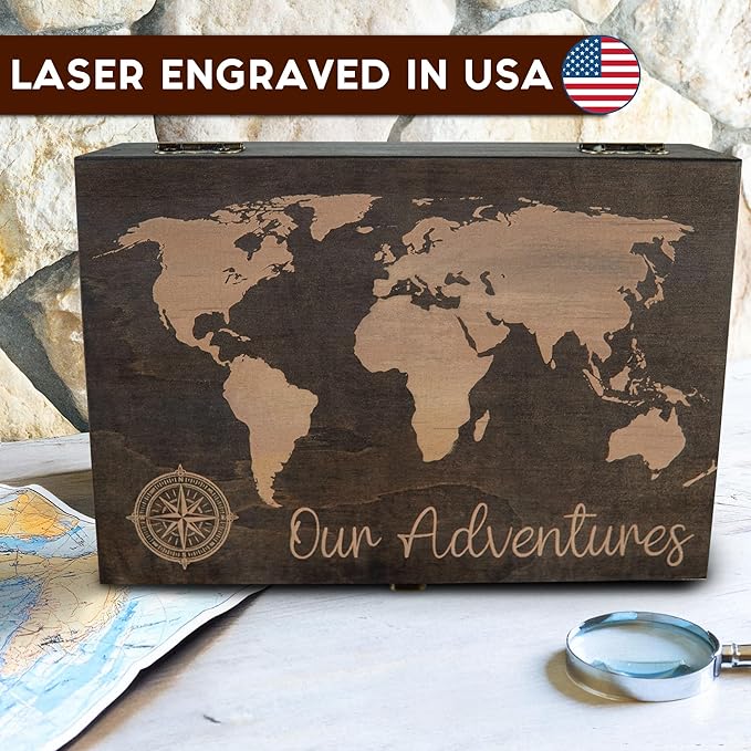 Engraved Adventure Memory Box – Wooden Keepsake Box for Travel Memories, Camping, Couples and Valentine’s Day, Rustic Storage, Medium Size, Dark Walnut – 8.5 x 6 x 3 in