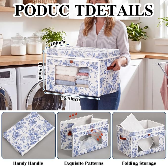 Domensi 2 Pack Blue Floral Large Storage Bins with Lids Handles Blue and White Porcelain Storage Boxes 16.5x11.8x11 Inch Foldable Fabric Basket Decorative Organizer for Clothes Nursery Dorm(Window)