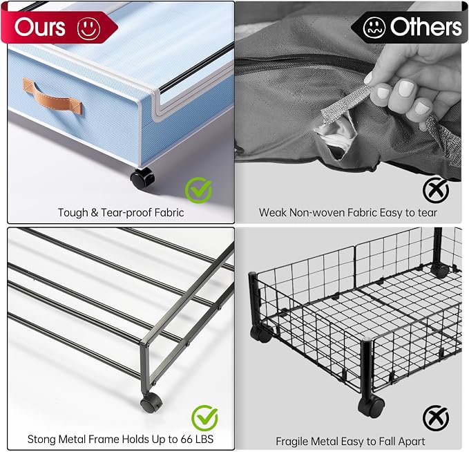 Yecaye Under Bed Storage with Wheels, 2 Pack Under Bed Storage Containers, 60L Underbed Shoe Storage with Clear Window & Label, Rolling Under Bed Metal Drawer for Clothes, Shoes, Books, Blankets, Blue