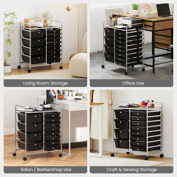 BECOMFORT 15-Drawer Rolling Cart with Drawers, Storage Cart on Wheels, Teacher Classroom Organizers with Metal Frame, Mobile Craft Cart for Tools