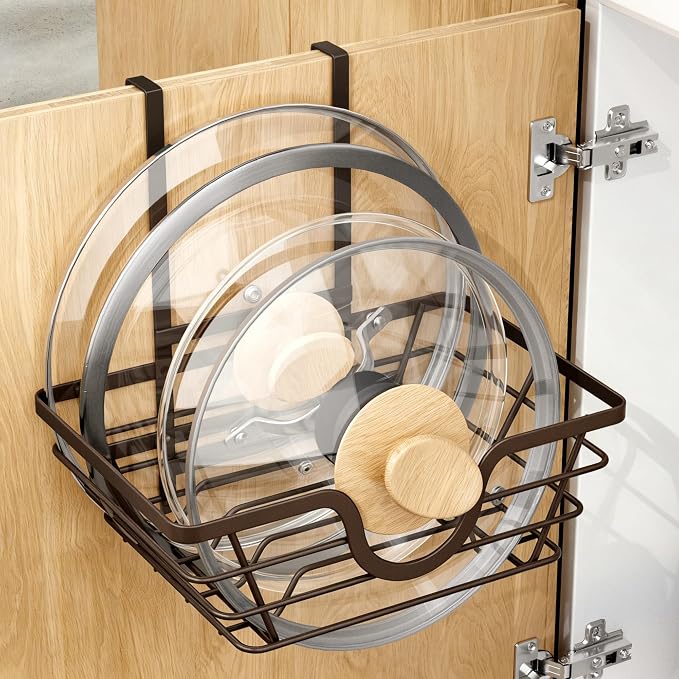 TIDIIABODE Pot Lid Organizer, Adjustable Kitchen Pot Lid Holder Inside Cabinet, Kitchen Cabinet Organizer Hanging for Food Storage Container, Pot, Pan Lid & Bakeware, Bronze