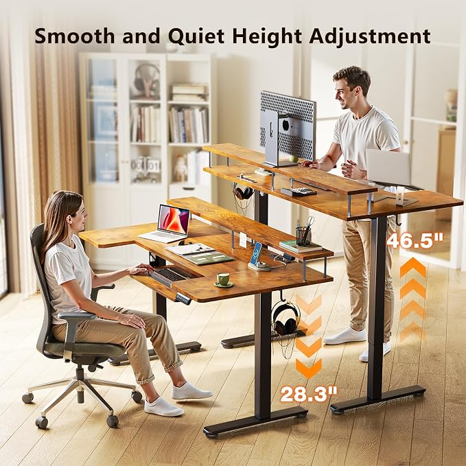 OffiGo 55 Inch U Shaped Standing Desk with Keyboard Tray, Rustic Brown | 3 Outlets & 2 USB Ports, Monitor Stand, 10 Colors & 10 LED Modes, 3 Presets, 28.3"-46.5"in Range, 154 lb Capacity