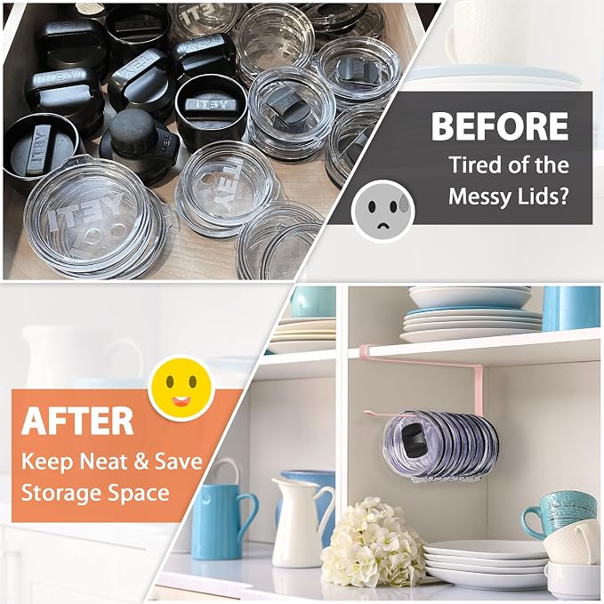 Tumbler Lid Organizer, Versatile Tumbler Lid Storage Holds 10 Lids, Pink | Space Saving Cup Lid Organizers Inside Cabinet Tumbler Lid Hook for Kitchen Organizer and Storage, Paper Towel Rack Hanger