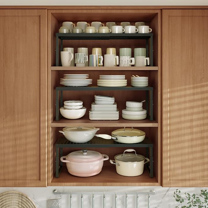 Shelf Organizer Riser For Cabinet Pantry Kitchen Countertop Cupbaord Closet | Expandable Width, Adjustable Height, Stackable As 2-Tier Shelf Rack, Snap-Button: Easily Adjust Height, Heavy Duty Metal