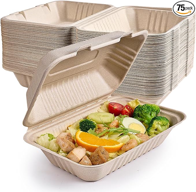 ECOLipak 75 Pack Compostable Clamshell Take Out Food Containers, 9x6 inch | Heavy-Duty Disposable To Go Boxes, Eco-Friendly Biodegradable To Go Containers For Food, Perfect for Next Day Lunch, Party