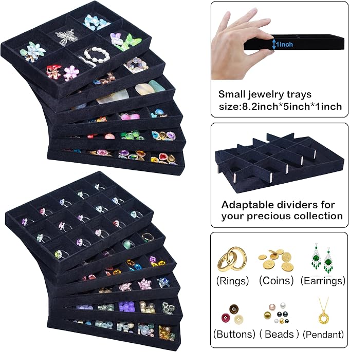 12 Pack Velvet Jewelry Drawer Organizer Trays Stackable Jewelry Storage Inserts Set Jewelry Tray for Earring Necklace Rings Bracelet with Removable Dividers for Dresser & Vanity,Black