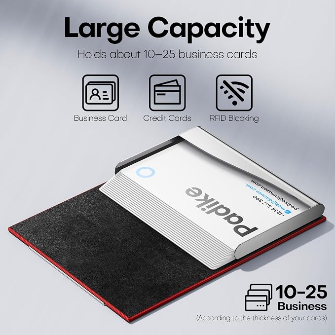 Padike Business Card Holder, Red Faux Leather Wallet with Stainless Steel, RFID Protected