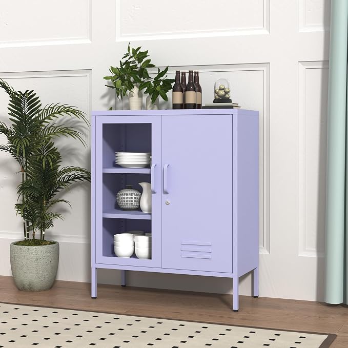 33" Tall Lockable Metal Storage Cabinet with Adjustable Shelves,2 Door Home Freestanding Locker Metal Pantry Cabinet for Living Room,Office,Dining Room,Purple Size: 33" H x 29.5" W x 13.8" D