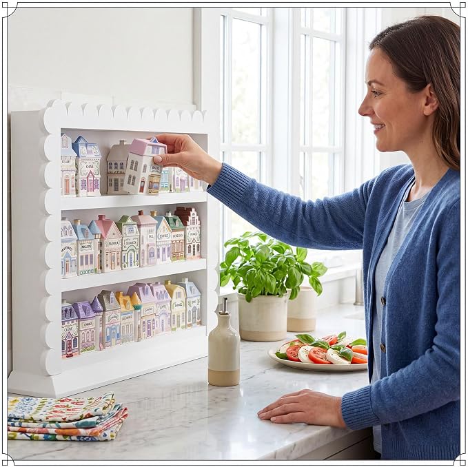 Chunful Vintage Spice Jar Wooden Rack White Scalloped Aesthetic Spice Shelf for 24 Jars, Village Style Wall Mounting Kitchen Storage Decorative Hanging Display Rack, Shelf Only