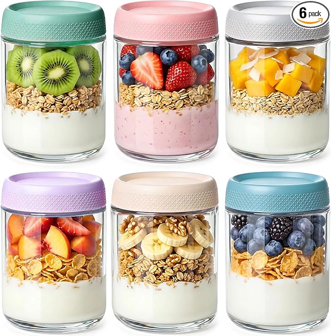 16 oz 6Pack Overnight Oats Containers with Lids, Airtight Leakproof Wide Mouth Glass Mason Jars, Reusable & Portable for Meal Prep, Yogurt, Salads, Smoothies, Spice, Sugar, Snacks & Food Storage-clear