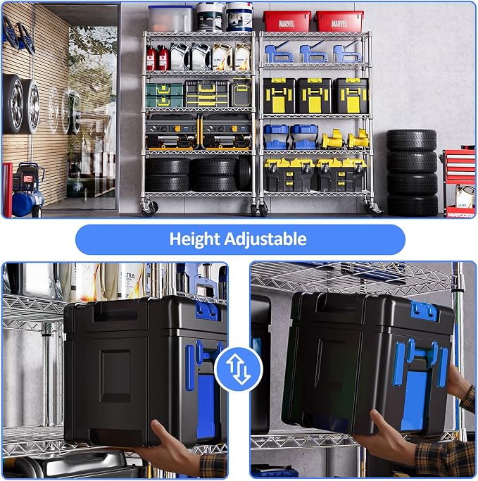 Garage Shelving Unit with Wheels, 48” Heavy Duty Metal Storage Shelf Rack | 5-Tier, 17.7" D x 47.2" W x 76.7" H, Adjustable Wire Rack Organizer, 1750 lbs Chrome Shelf for Kitchen, Pantry, Laundry Room