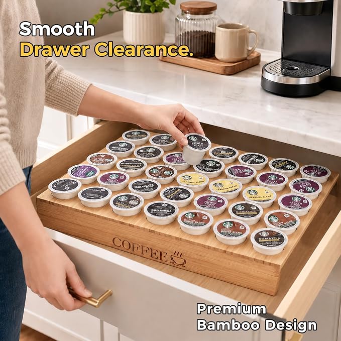 MinBoo BamBoo k cup holder Drawer or Countertop k cup Organizer Coffee Pod Holder Hold 35 Coffee Pod Storage Kcup coffee pods holder for coffee station Office and Kitchen k cup storage