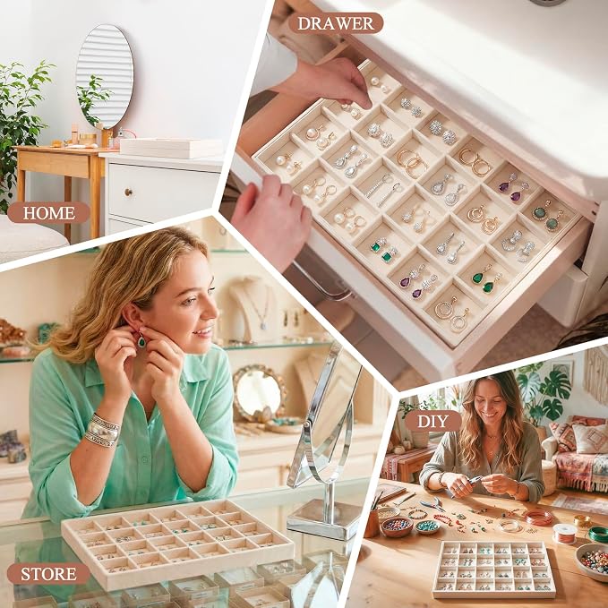 Cinnvoice 2 Pcs Stackable Jewelry Organizer Tray for Drawer, 24 Grids Velvet Earrings Ring Tray for Selling Earring Necklace Bracelet Showcase Display Organizer (Beige)