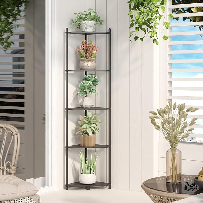 Wisuce Black Tall Corner Shelf Stand, 5-Tier Bamboo Corner Bookshelf | Space-Saving Narrow Corner Shelf | Bathroom Corner Shelf | Shelves for Bedroom, Living Room, Kitchen & Plant Display