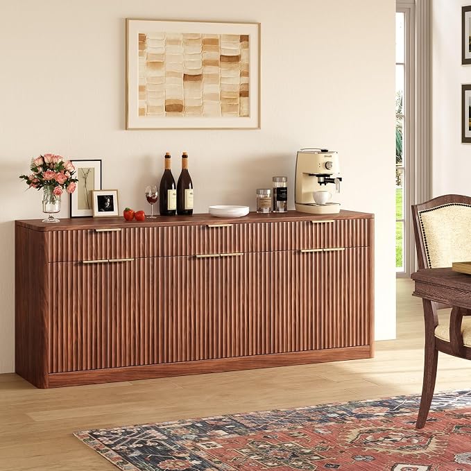 Evermagin 67" Fluted Walnut Sideboard Buffet Cabinet with 3 Drawers | Modern credenza and console cabinet with storage for kitchen, living room, entryway or coffee bar, 67"W x 31.5"H x 15.7"D