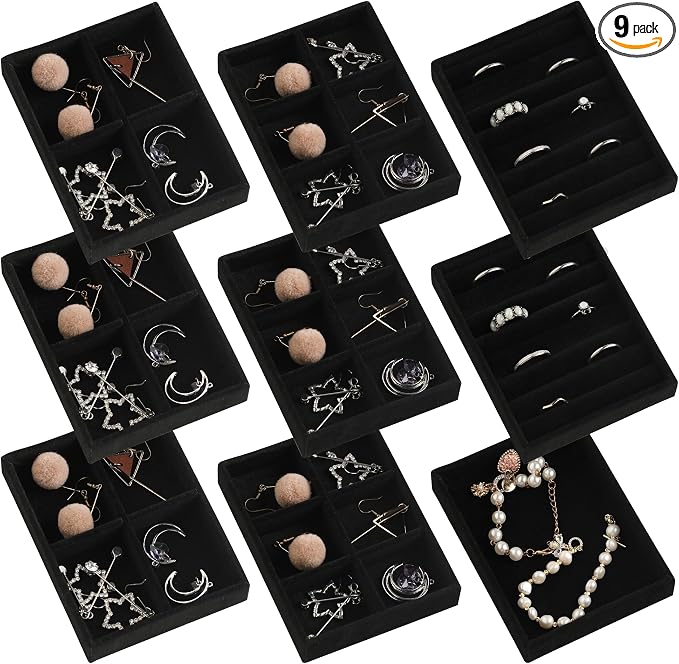 Frebeauty Small Jewelry Organizer for Drawer,Set of 9 Velvet Jewelry Trays | Jewelry Box Inserts,Drawer Inserts,Vanity Drawer Organizer,Mini Size,Stackable Earring Organizer,Adjustable Dividers