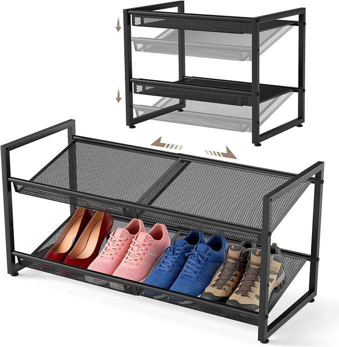Expandable Shoe Rack, 2 Tier Adjustable Mesh Shoe Organizer for Entryway | Flat & Slant Dual Use Design, Sturdy Metal Mesh Shoe Shelf for High Heels, Stackable Shoe Storage Holder for Cloest, Garage