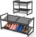 Expandable Shoe Rack, 2 Tier Adjustable Mesh Shoe Organizer for Entryway | Flat & Slant Dual Use Design, Sturdy Metal Mesh Shoe Shelf for High Heels, Stackable Shoe Storage Holder for Cloest, Garage