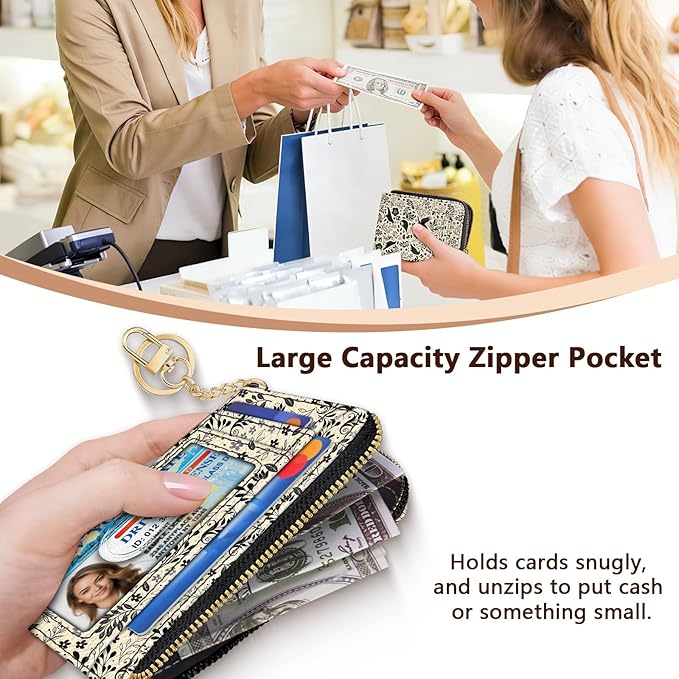 GIANCOMICS Slim Wallet Credit Card Holder Women, Goth Crow Rfid Blocking Small Card Case, Keychain Thin Pocket Curved Zipper Wallet, Travel Card Holder PU Leather ID Window, Ladies Female Gifts