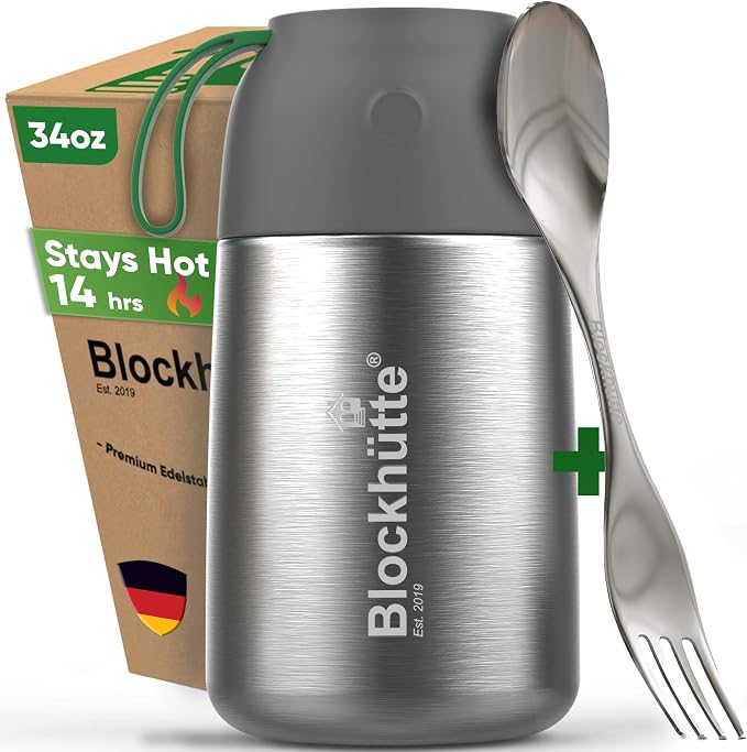 Blockhütte Soup Thermos for Adults - 34 oz Vacuum Stainless Steel Thermal Lunch Box, Leakproof Thermos for Hot Food, Wide Mouth Insulated Food Jar