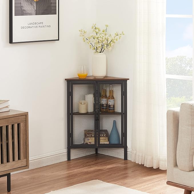VECELO Corner Cabinet/Table, 3-Tier Display Shelves with Protection Door, Metal Frame Storage Shelf Organizer for Small Space, Living Room, Kitchen, Bathroom