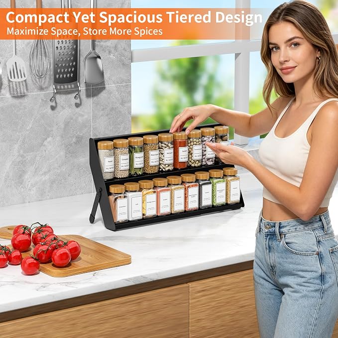 Spice Rack Organizer for Cabinet, 12.8 to 21.8in Expandable Spice Rack, Metal 2 in 1 Spice Drawer Organizer Spice Shelf for Kitchen Countertop Cabinet Drawer, Fits Jars ≤2.1in(Jars Not Included)