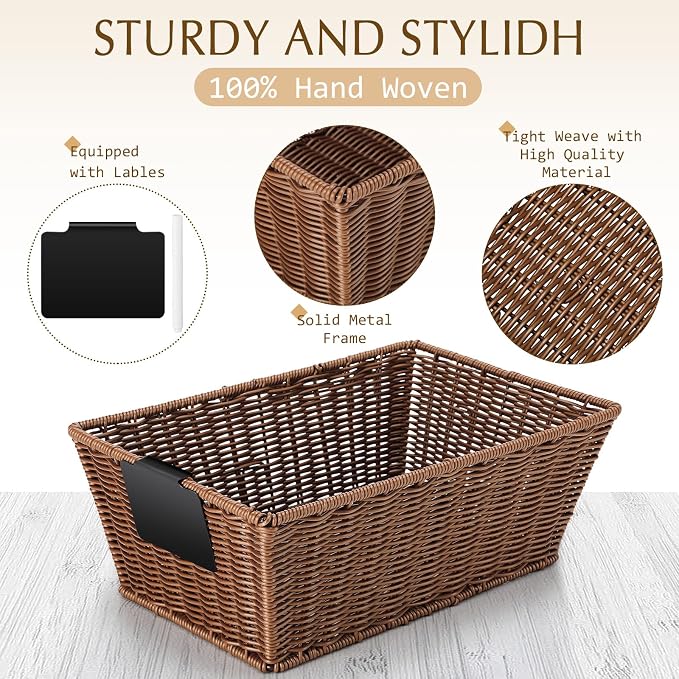 Marsui 6 Pcs Wicker Storage Baskets for Pantry Organization with Labels Handwoven Multi-size Brown Wicker Storage Bins for Organizing Small Baskets Container for Shelves Closet Toilet