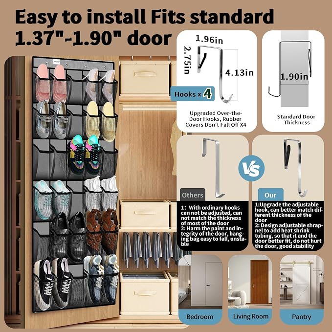 PAULONE Over the Door Organizer with 30 Large Pockets, 3 Sizes of Closet Hangers, Holds up to 69 lbs, Hanging Organizer with Clear Window for Children's Toys, Shoes, Diapers (Gray)