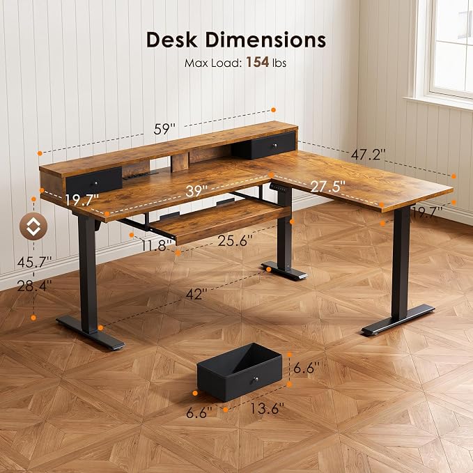OffiGo 59 Inch L Shaped Electric Standing Desk with Drawers, Rustic Brown | Monitor Stand, Keyboard Tray, Fabric Drawer, Power Outlets, Height Adjustable Corner Stand Up Desk for Organized Home Office