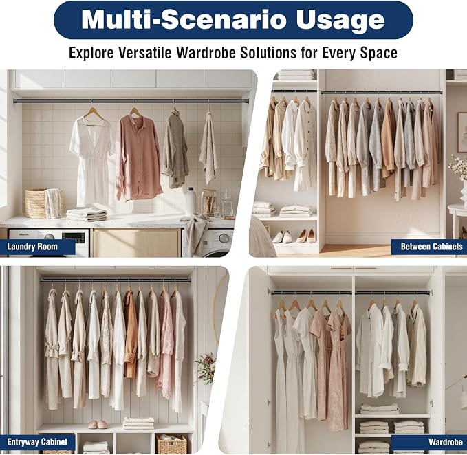 Closet Rods for Hanging Clothes, 16 to 65 Inches Black Adjustable Closet Rod, Tension Rod for Closet Heavy Duty Metal Closet Pole, 1.3 Inch Diameter Closet HangingRod for Wardrobes Closet RV