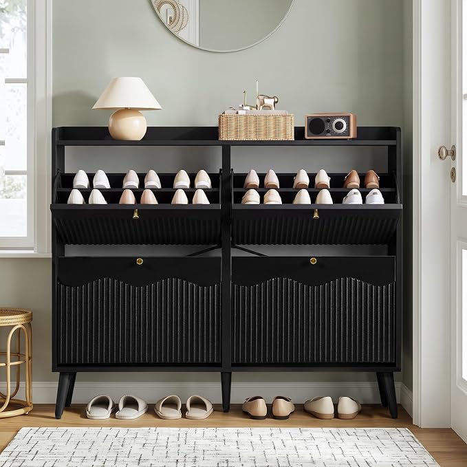 BERRYMERRY 47.2” Shoe Storage Cabinet for Entryway with 4 Flip Drawers, Narrow Shoe Organizer with Wave&Fluted Panel, Freestanding Wood Hidden Shoe Cabinet for Hallway