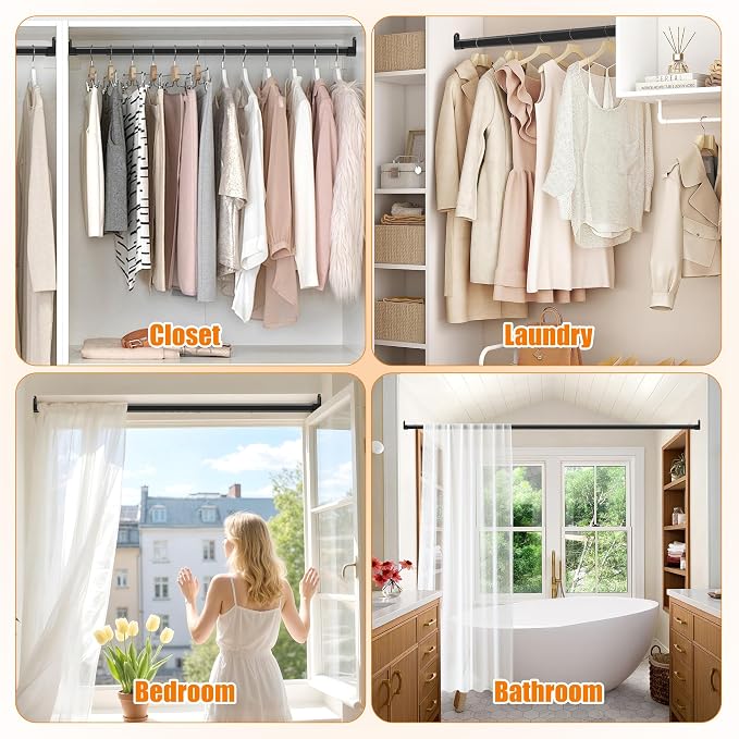 Oval Closet Rod for Hanging Clothes, Adjustable, 18 to 51 in | Black, Heavy Duty, Metal, Suitable for Wardrobes, Laundry, RV