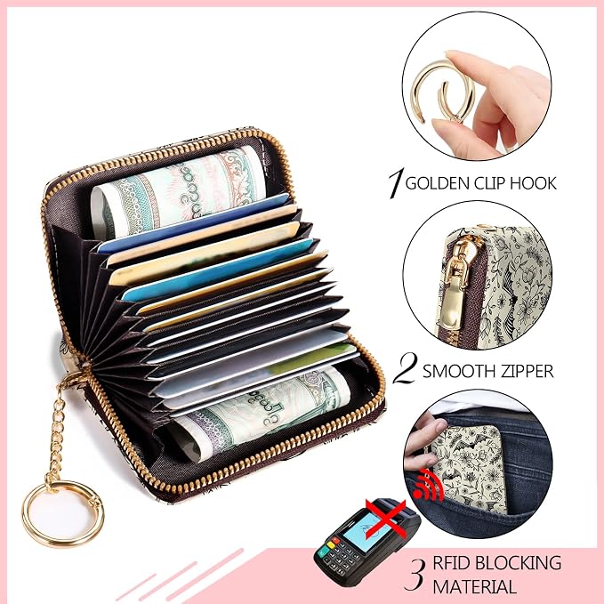 Blusabaca Goth Bat RFID Credit Card Holder, Small Women Travel Wallet | Vintage, Removable Keychain, Case Zipper, PU Leather, Cash Coin Pocket, Business Accordion Purse, Ladies Female Gift