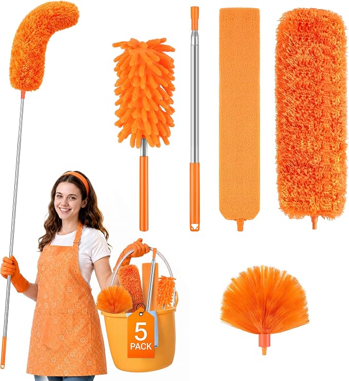 Cobweb Duster with Extension Pole, Pole5-Piece Spider Web Brush with Pole Kit, 100" Telescoping Microfiber Feather Dusters for Cleaning, Bendable Washable Dusters for High Ceilings, Ceiling Fans