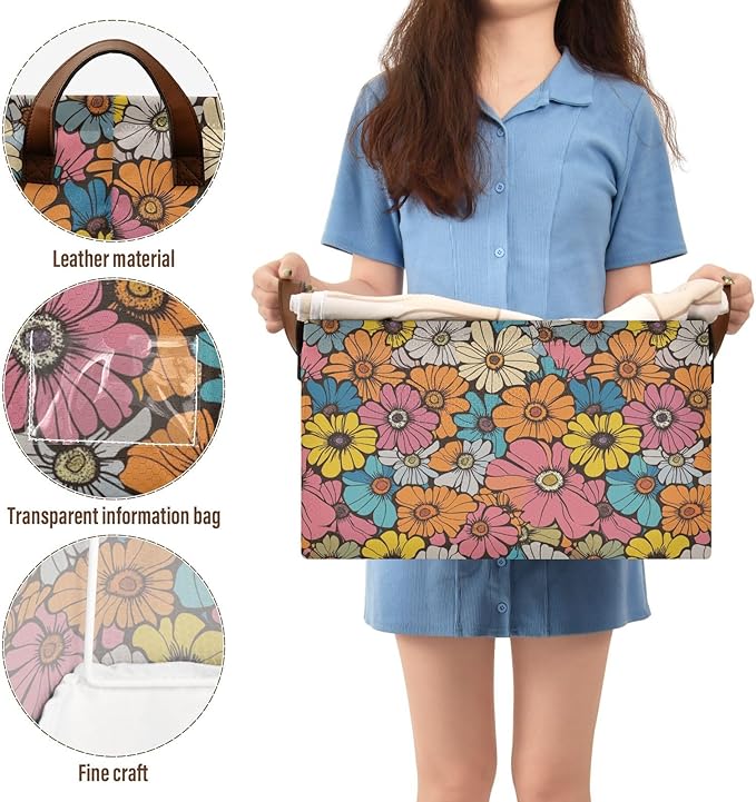 Retro Daisy Flower Storage Bins for Shelves with Labels&Handles Fabric Organizer Bin Vintage Floral Foldable Rectangle Storage Basket Orange Hippie Boxes for Closet, Home, Living Room, Laundry-2 PC