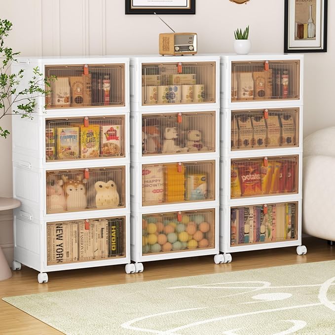4 Tier Plastic Storage Bins with Lids 28QT, Stackable, Wheeled, Collapsible, Closet Organizers for Living Room, Office, Dorm