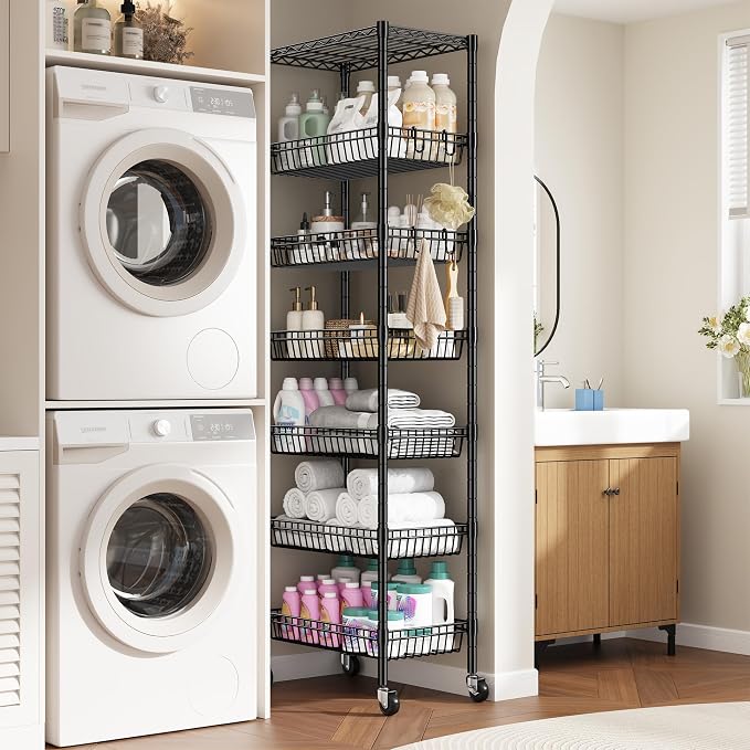 DurayLoly 7-Tier Basket Shelf Wire Shelving Unit with Wheels, Adjustable Storage Shelves with Hooks, 72" H x 24" W x 14" D Pantry Shelves for Kitchen, Bathroom, Closet & Small Spaces, Black