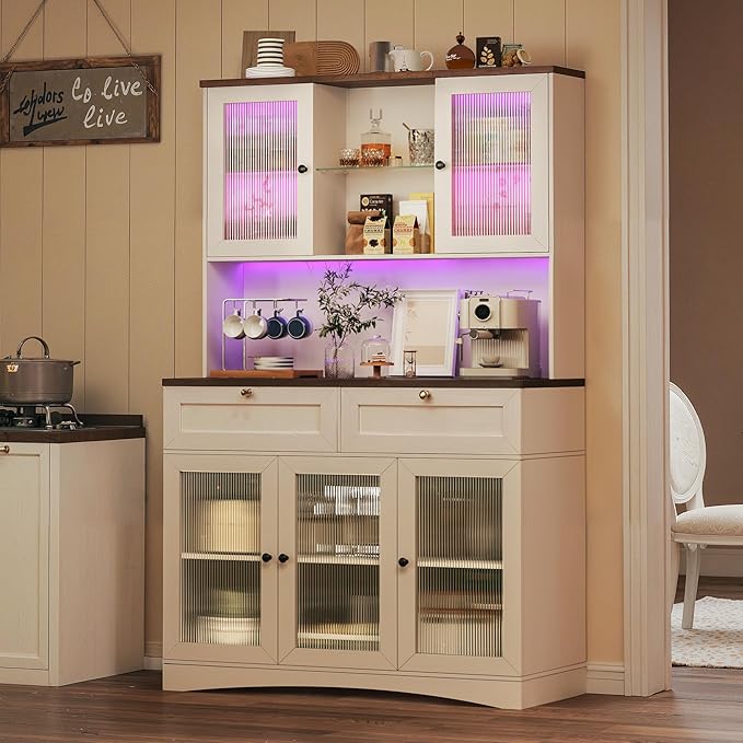 HUAHUU 71" Kitchen Pantry Cabinet with Lights & Acrylic Doors, Pantry Storage Cabinet with Microwave Stand, Kitchen Hutch Food Cabinets with Charging Station, Adjustable Shelves, White