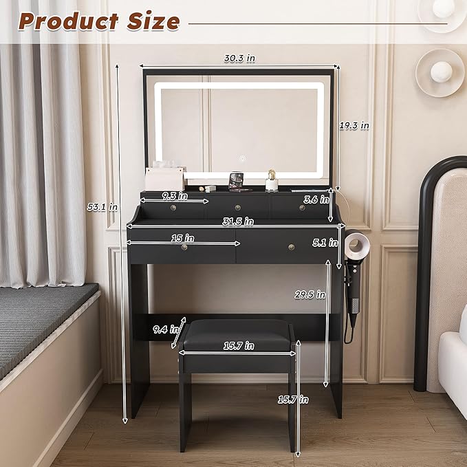 Small Vanity Desk with Mirror and Lights, Makeup Vanity Table with Large Mirror & 5 Drawers & Stool & Hair Dryer Holder, Dressing Table Set for Bedroom, Brightness Adjustable