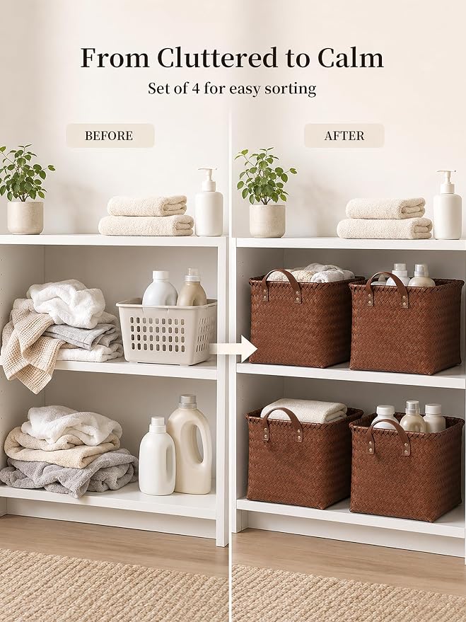 Hand Woven Baskets for Storage, 4Pcs Water-Resistant Wicker Baskets, Brown Wicker Storage Baskets for Shelves, Large Basket with Handle for Organizing, Clothes, Laundry, Blanket - Square