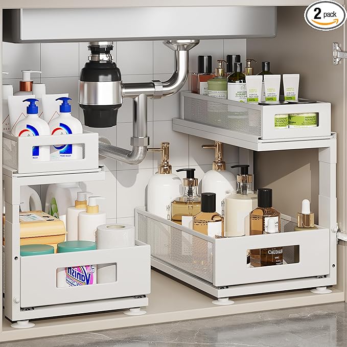 2 Pack Under Sink Organizer with Next-Gen Ball-Bearing Slides,2-Tier Pull Out Cabinet Storage,Height Adjustable Drawer Shelf for Bathroom,Kitchen,Laundry,Cabinet,Pantry(Patent Pending)
