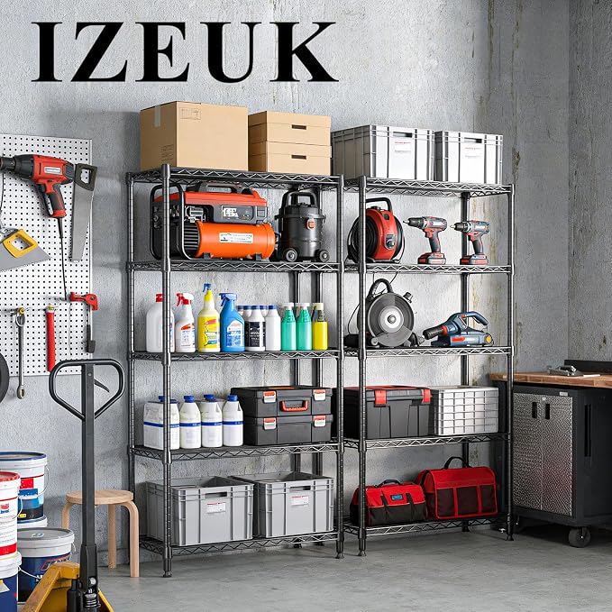 Storage Shelving Unit for Garage and Pantry, 30" Wide Metal Wire Shelf | 5-Tier, 13.8" D x 29.5" W x 59.5" H, 1750 lbs Organizers and Storage Black Shelves for Garage, Kitchen, Office and Laundry