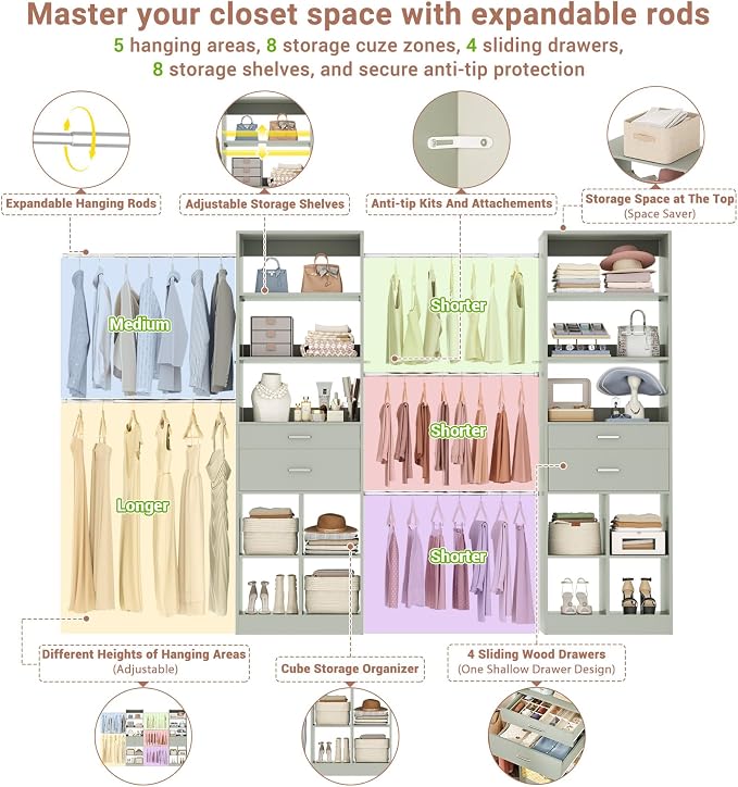 Besiost Closet System, 7.4ft-10ft with 4 Wooden Drawers and 5 Hanging Rods, Can Fit 88 to 123 inch Walk-in Closet System, Crab Green