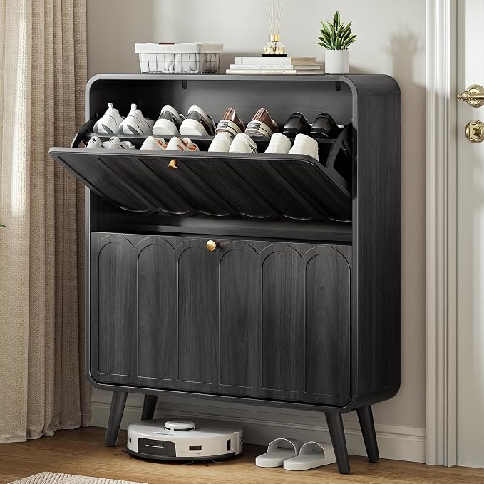 Decofy Shoe Cabinet with 2 Flip Drawers, Expanded Panel for Long Footwear, Freestanding Shoe Storage Cabinet with 3-Gear Adjustable Shelves, Narrow Shoe Cabinets for Entryway, Solid Wood Legs, Dark