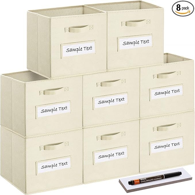 13x13x13 storage cube bins(Set of 8) Fabric storage cubes with 8 Labels Window Cards & a Pen, storage cubes 13x13, Collapsible 13 inch cube storage bins, Cubby Boxes, Beige
