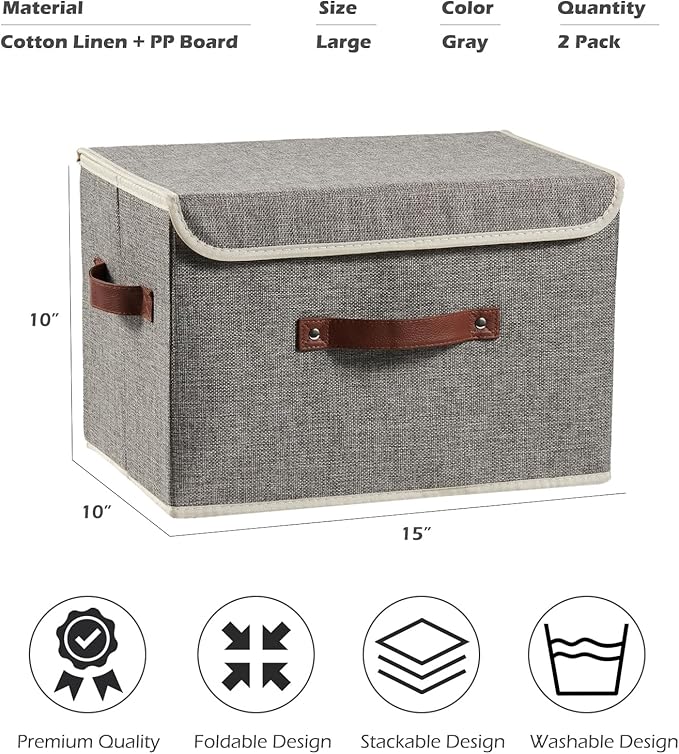 2PCS Storage Boxes with Lid Cotton Linen Fabric Storage Bins Organizer Container Decorative Collapsible Washable Shelf Closet Baskets Faux Leather Handles Home Bedroom (Gray, Large Size)