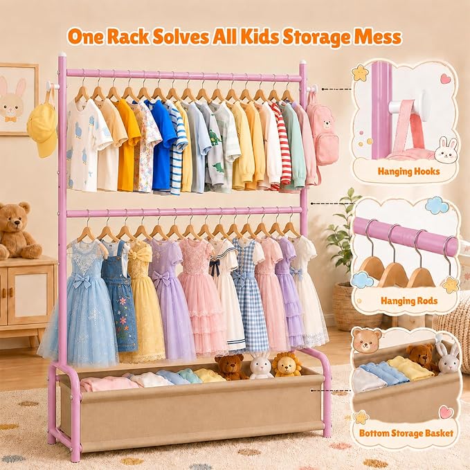 Kids Clothing Rack with Double Rod, Storage Basket & Hooks, Height Adjustable Kids Clothes Rack, Portable Baby Dress Up Garment Rack for Princess Dresses, Pink
